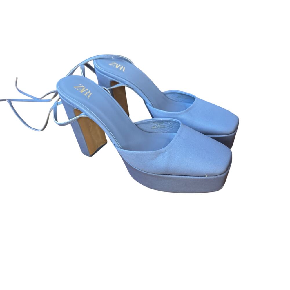 ZARA Chunky Heeled Platform Shoes Size 40 Blue Satin EUC $129 MSRP Square Toe - Picture 4 of 13